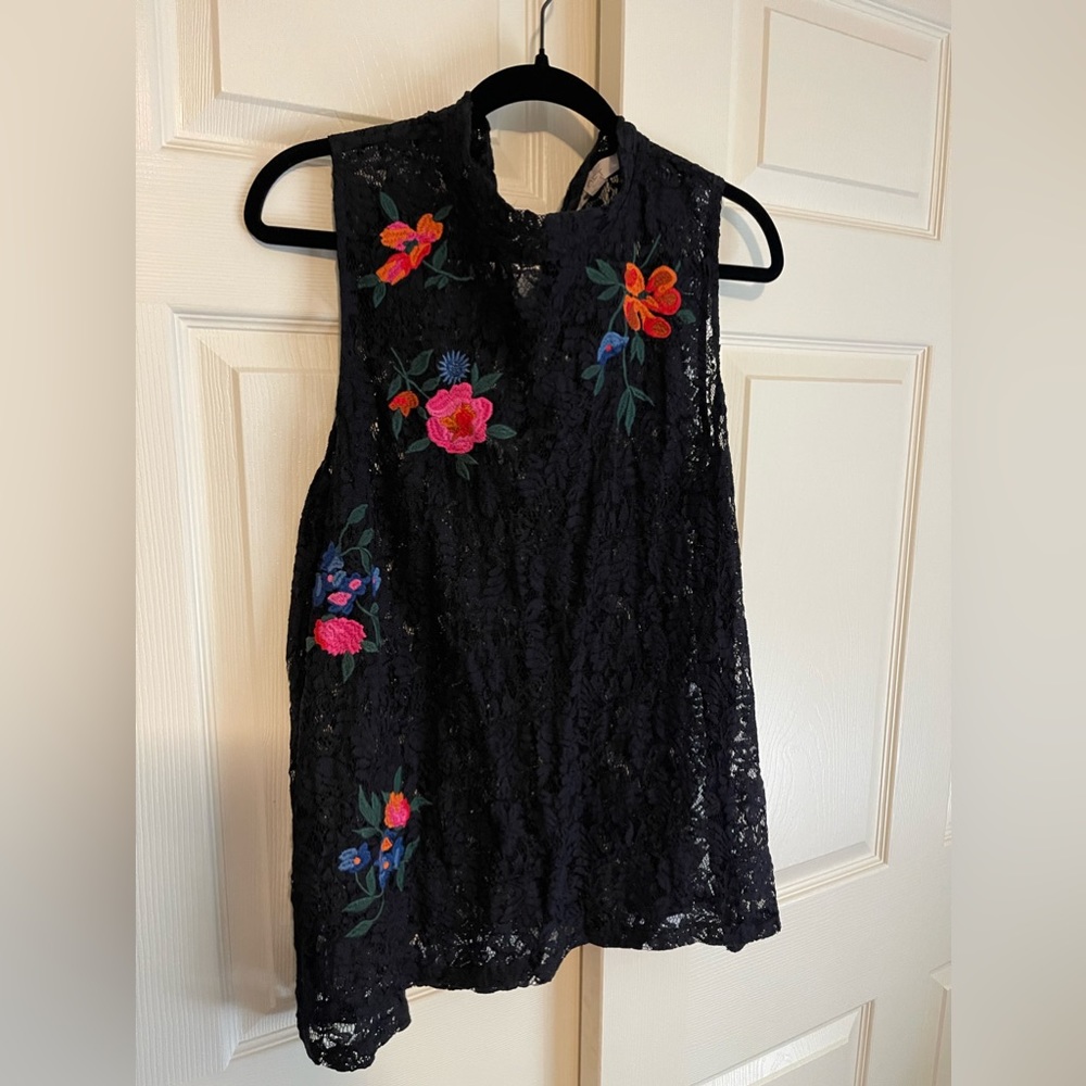 LOFT Embroidered Rose Sleeveless Top